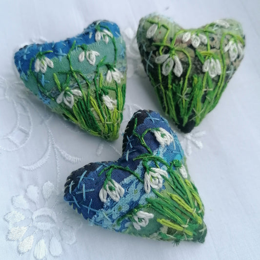 Stitched SNOWDROP Heart Brooches
