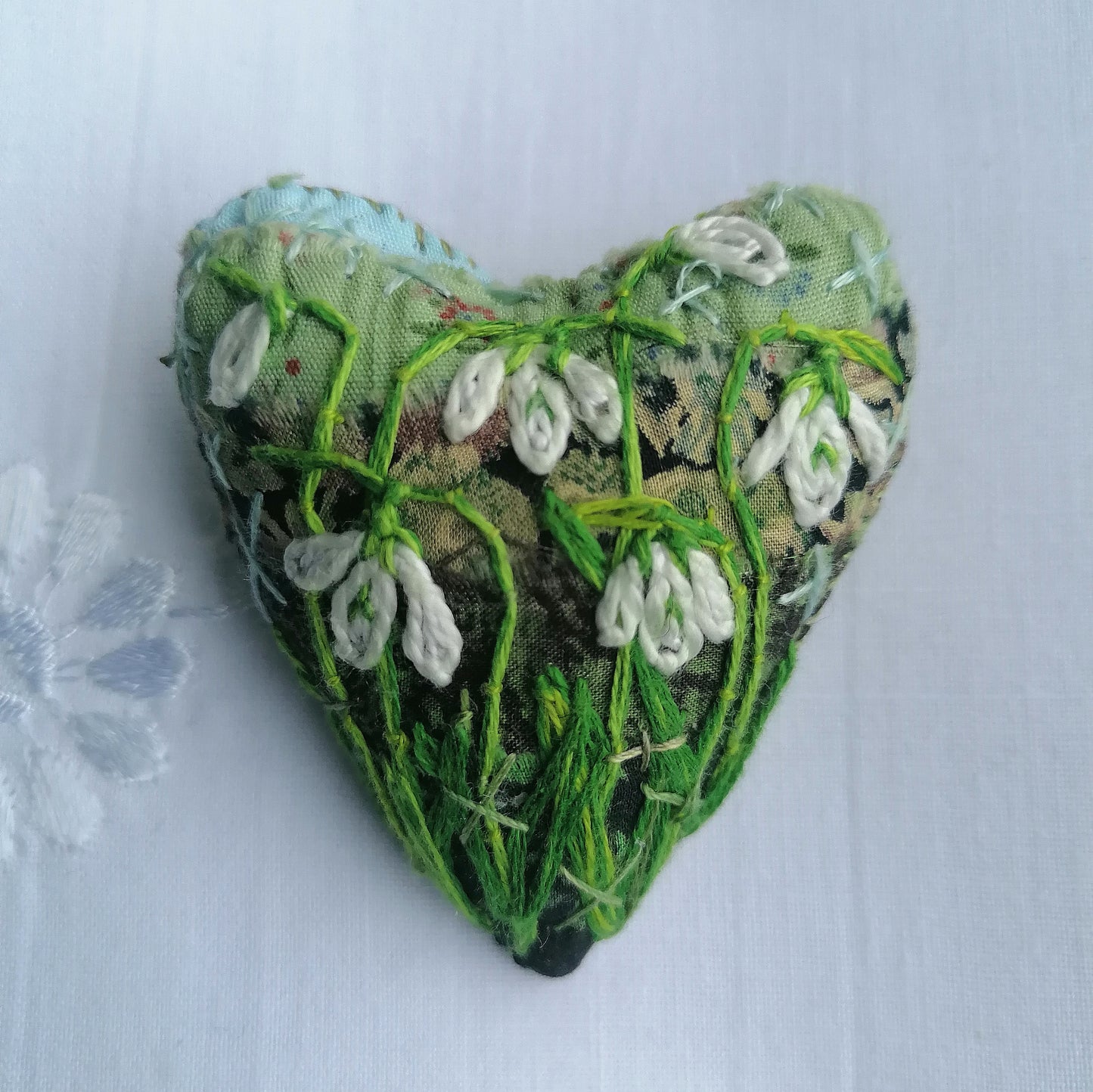 Stitched SNOWDROP Heart Brooches
