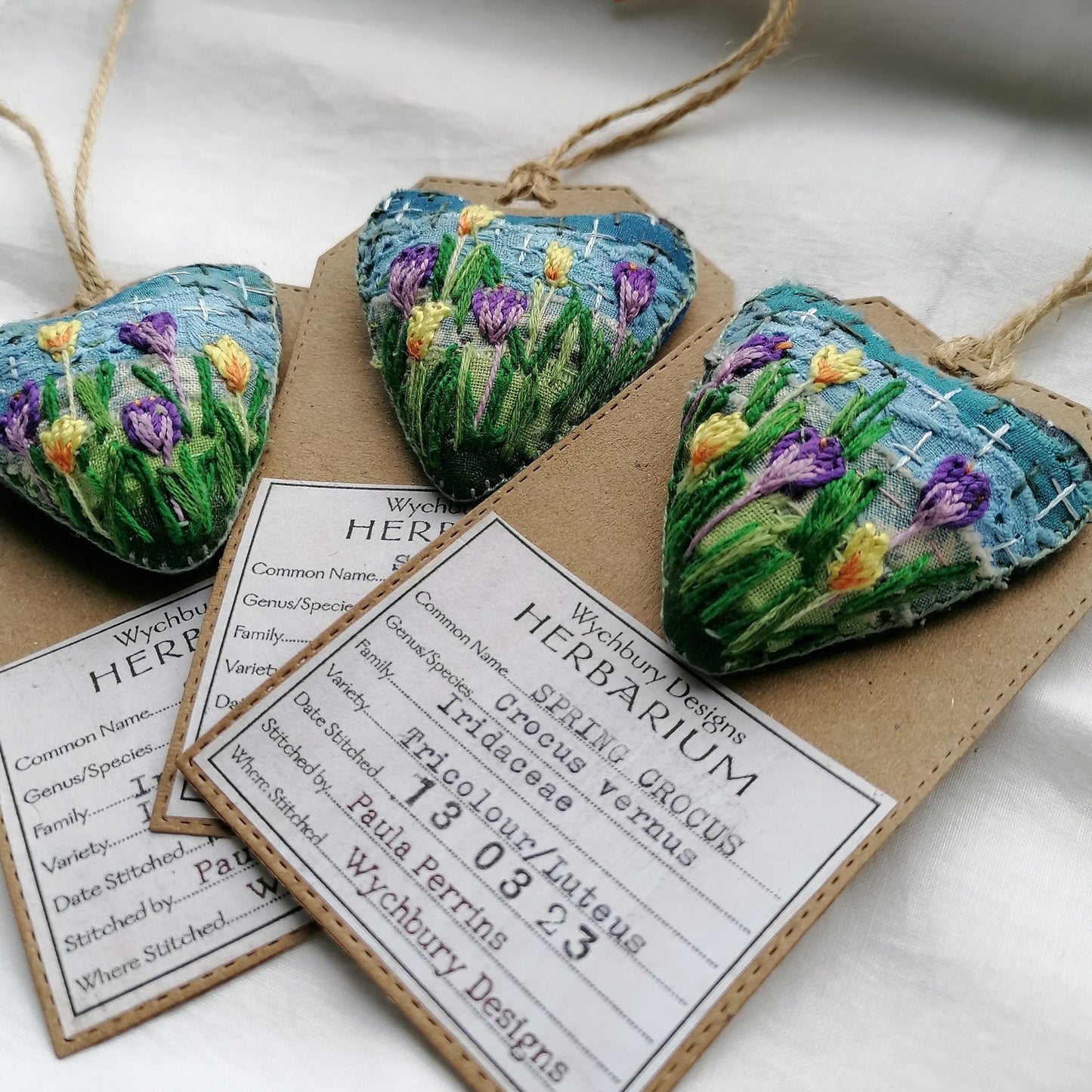 Stitched CROCUS Heart Brooches