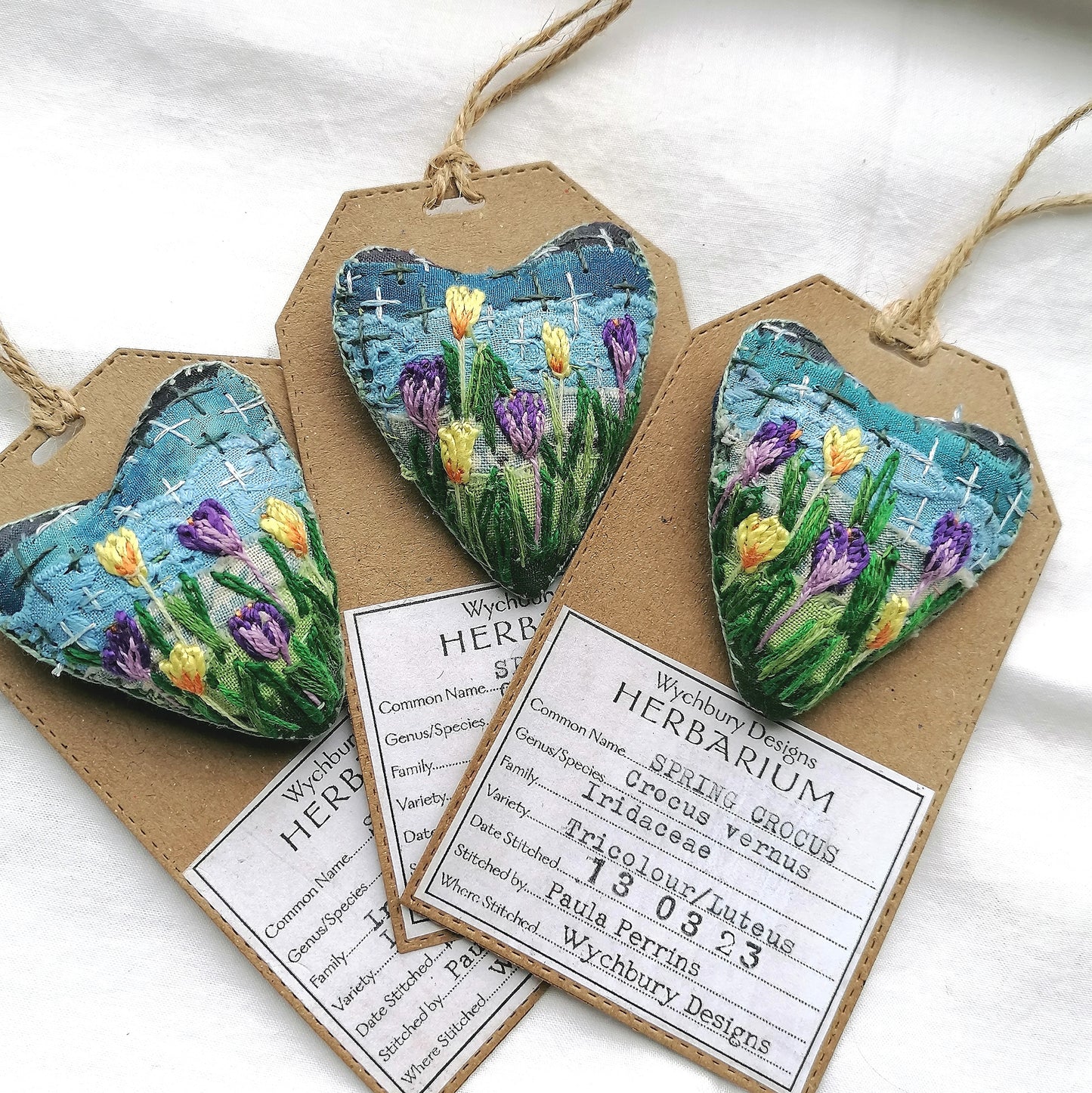 Stitched CROCUS Heart Brooches