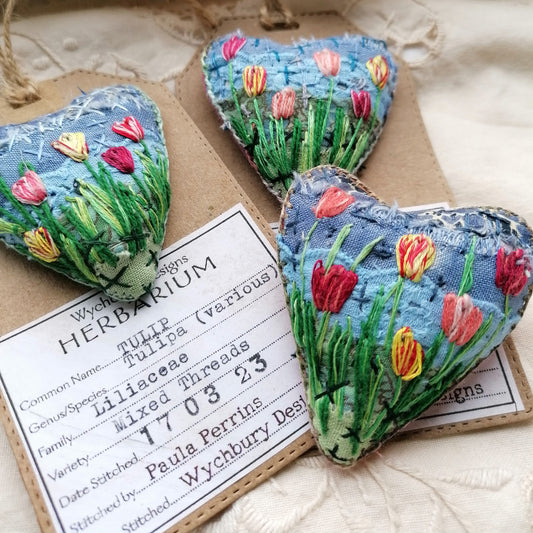 Stitched TULIP Heart Brooches