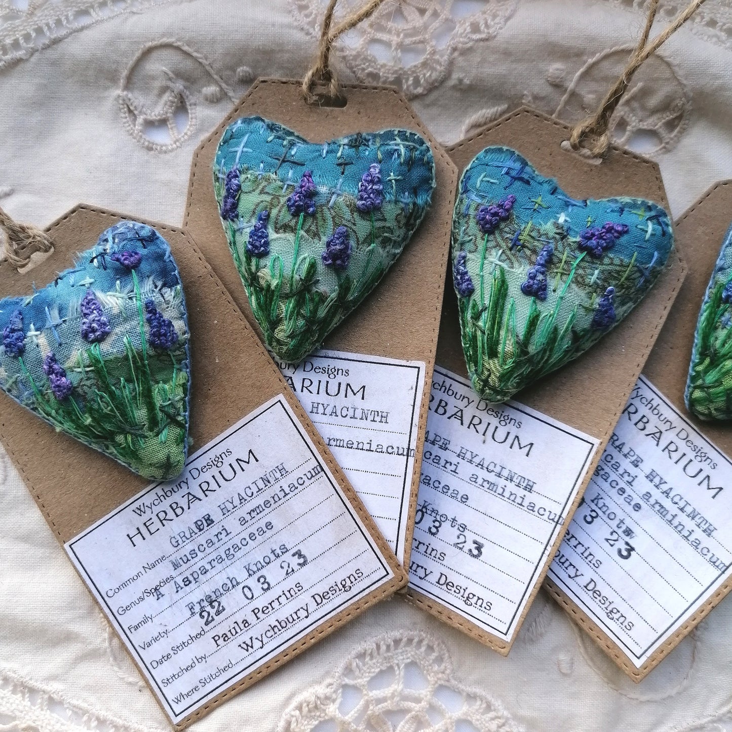 Stitched GRAPE HYACINTH Heart Brooches