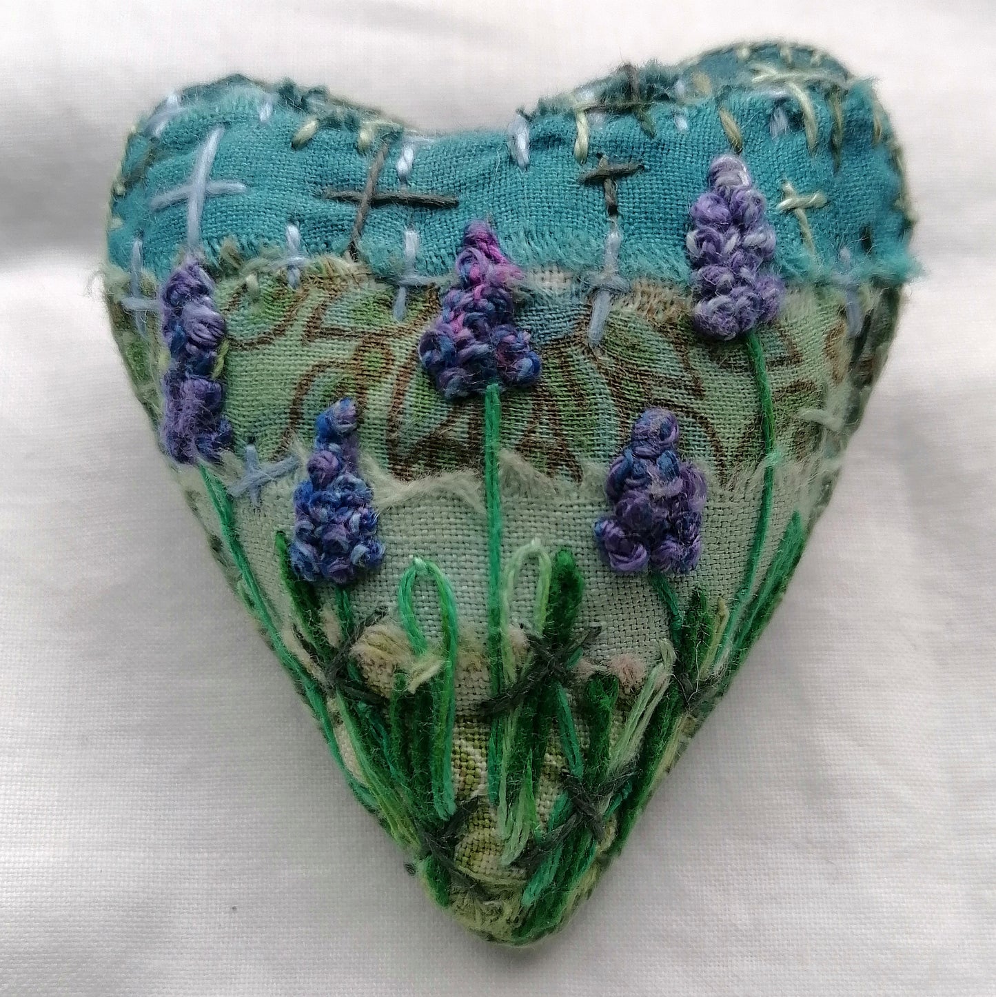 Stitched GRAPE HYACINTH Heart Brooches