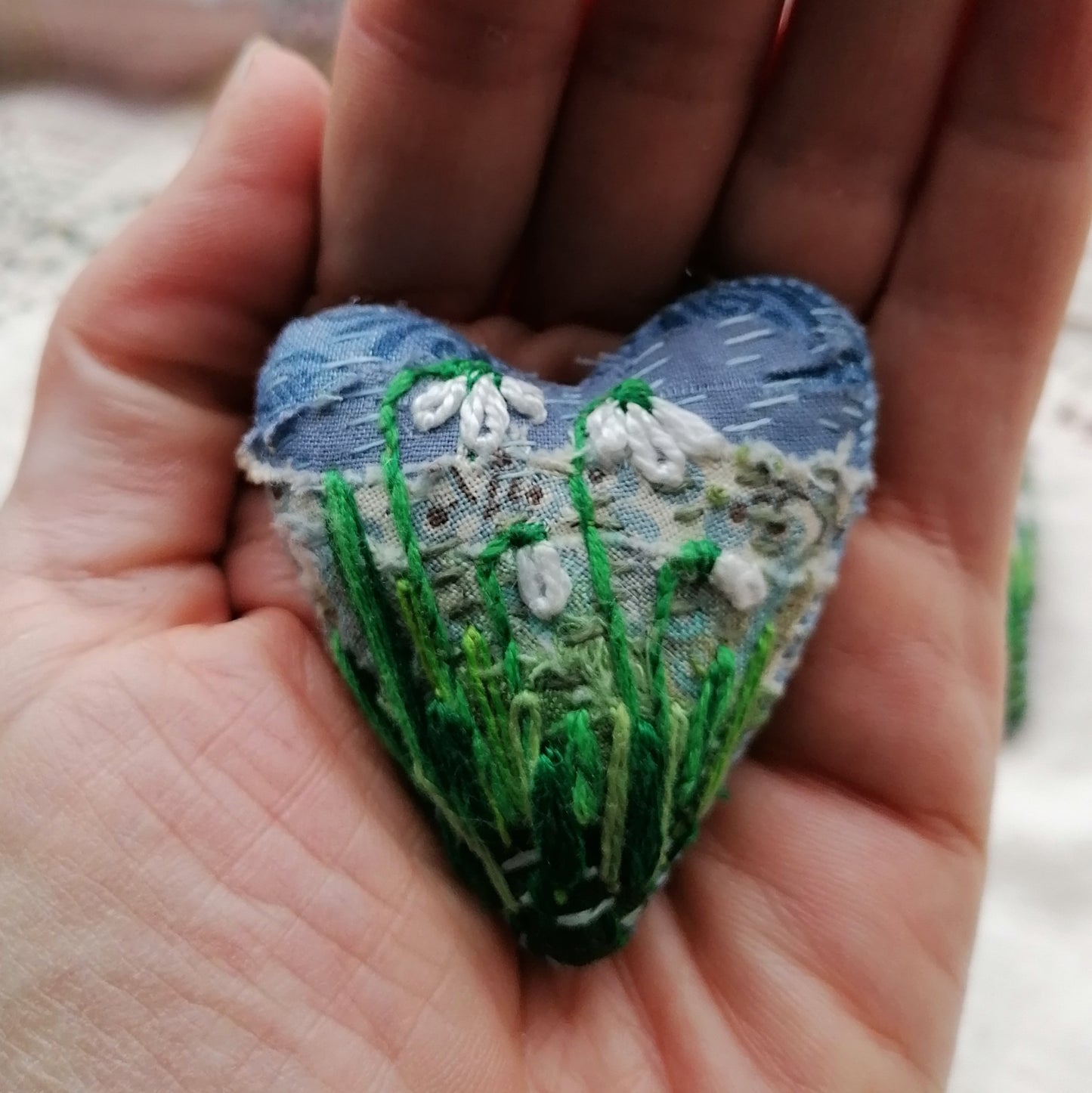 Stitched GRAPE HYACINTH Heart Brooches