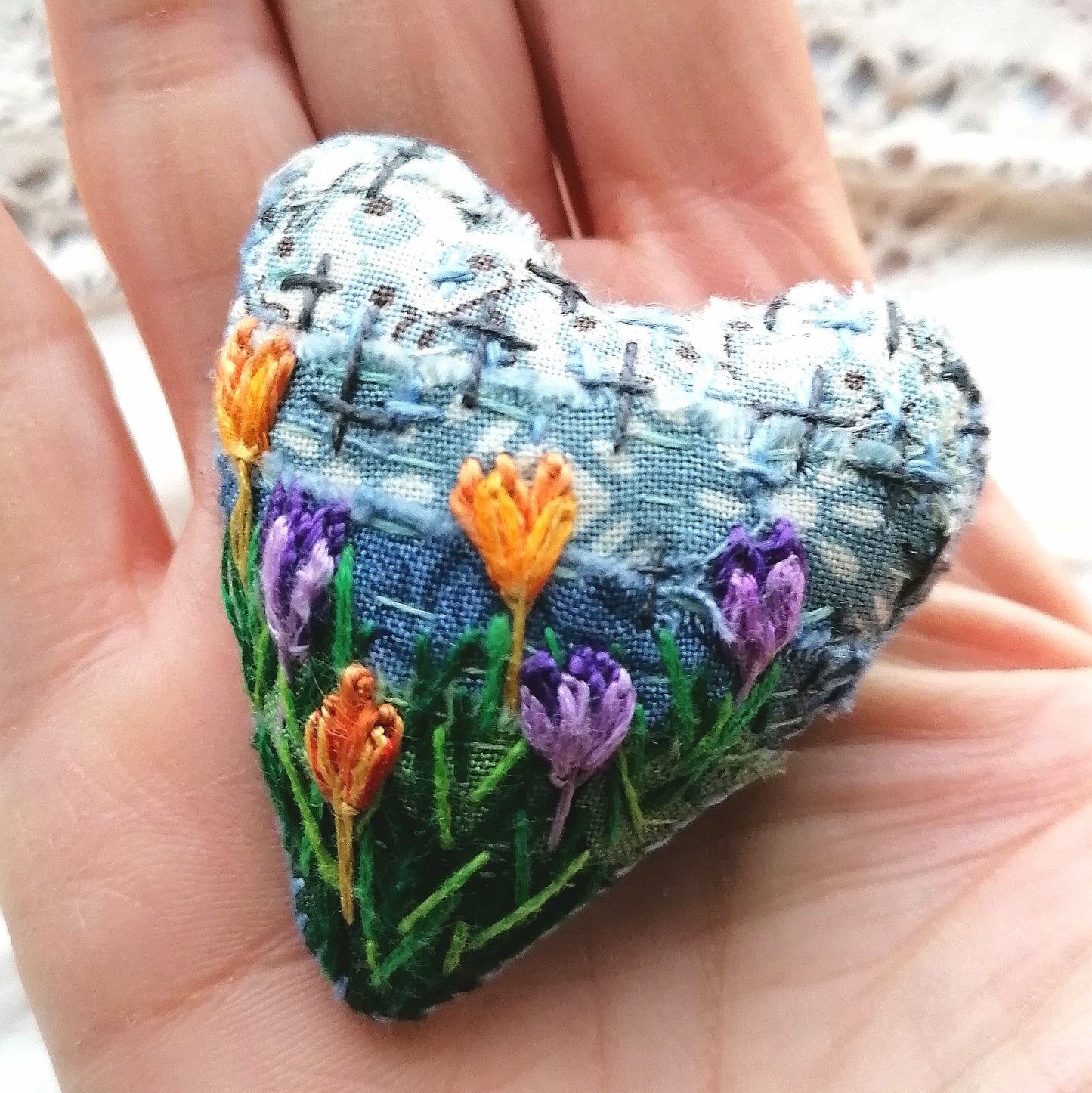 Stitched CROCUS Heart Brooches