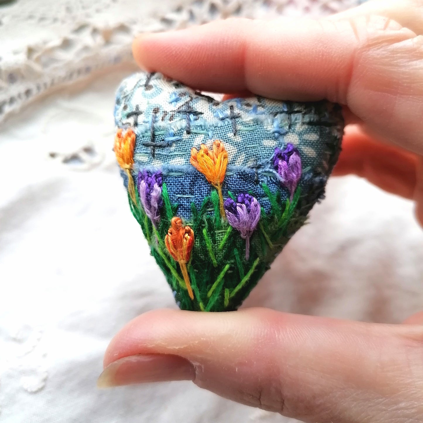 Stitched CROCUS Heart Brooches