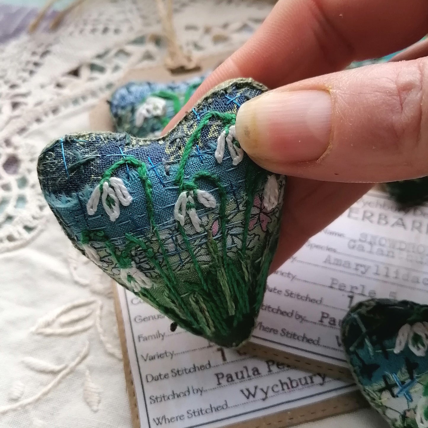 Stitched SNOWDROP Heart Brooches
