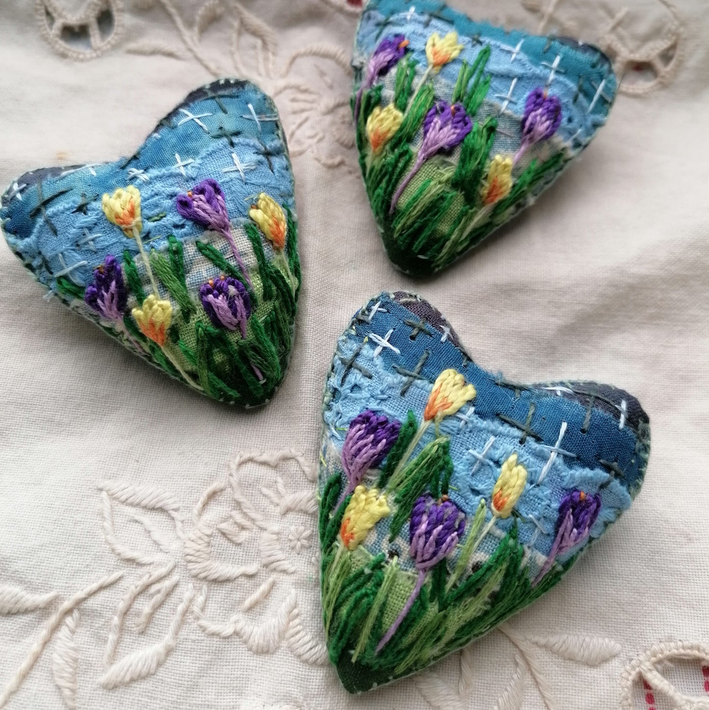 Stitched CROCUS Heart Brooches