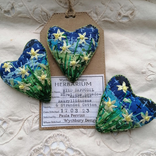Stitched DAFFODIL Heart Brooches