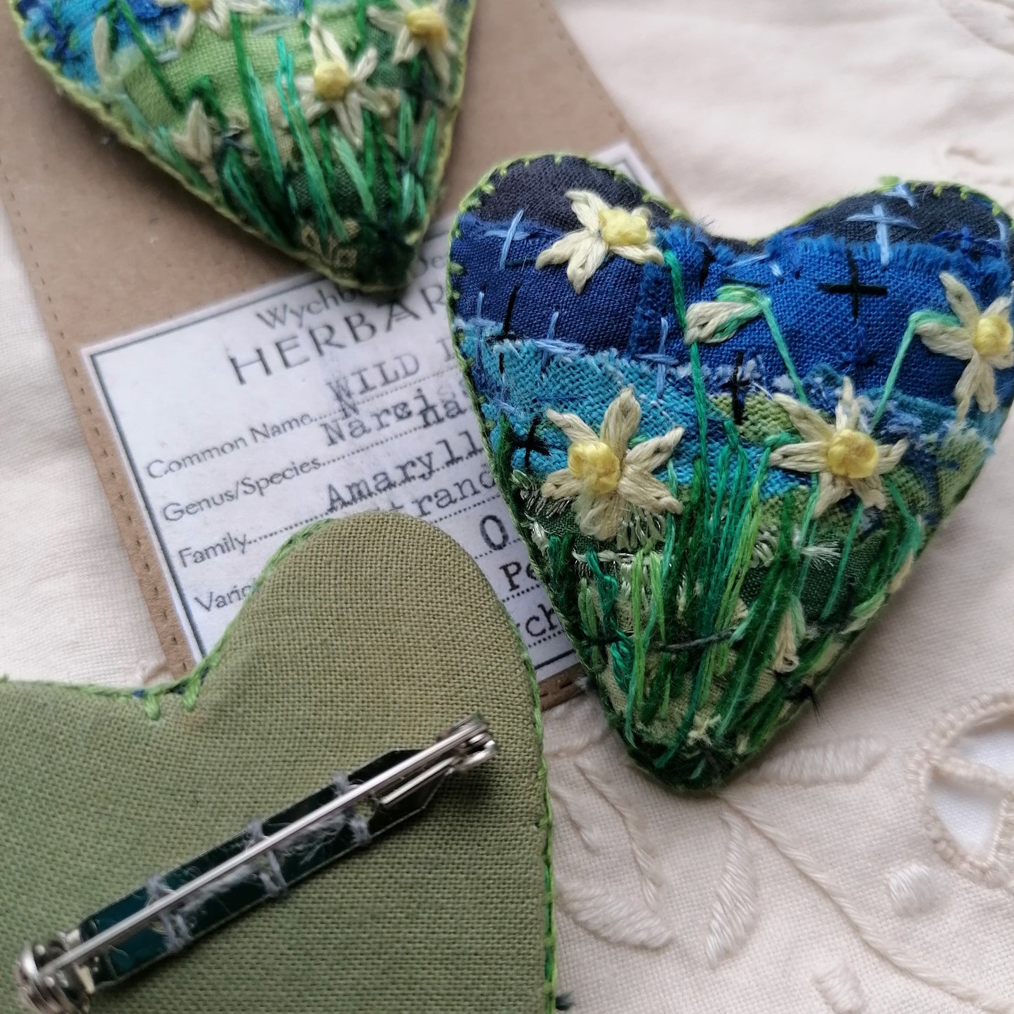 Stitched DAFFODIL Heart Brooches