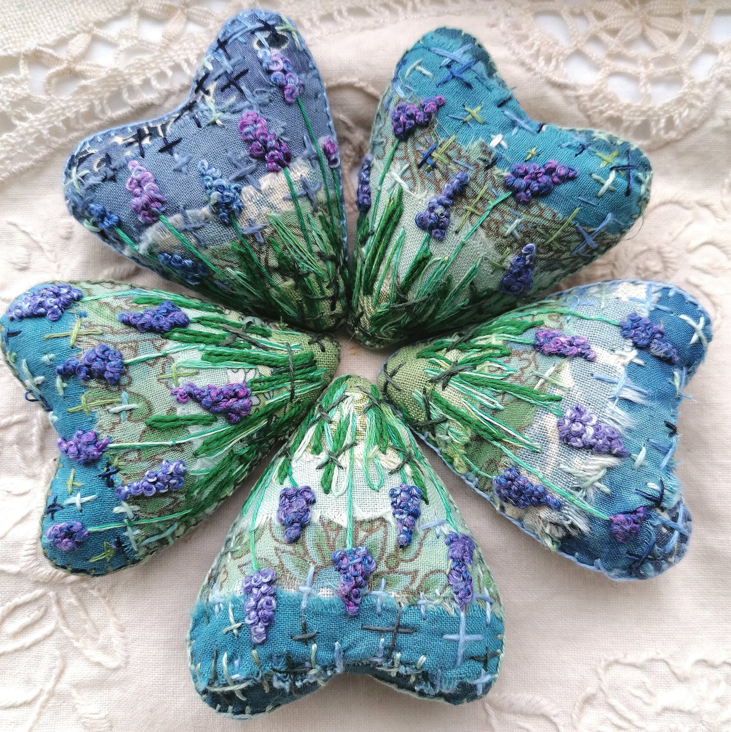 Stitched GRAPE HYACINTH Heart Brooches