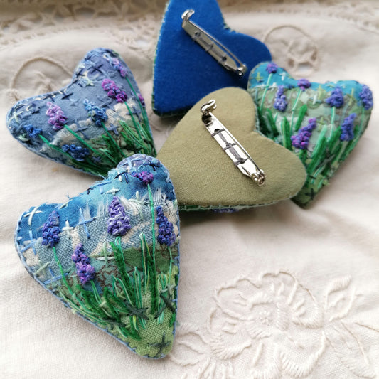 Stitched GRAPE HYACINTH Heart Brooches
