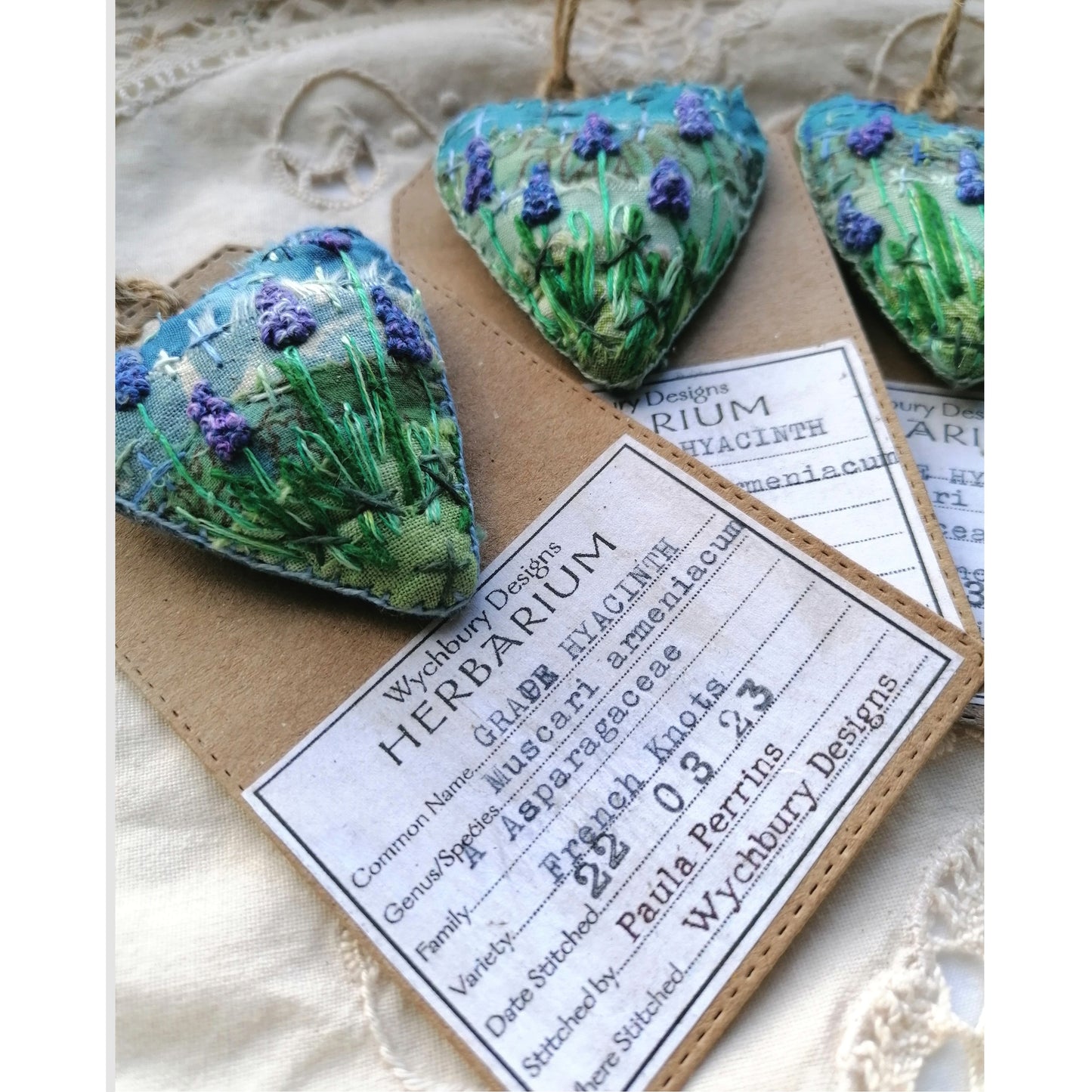 Stitched GRAPE HYACINTH Heart Brooches