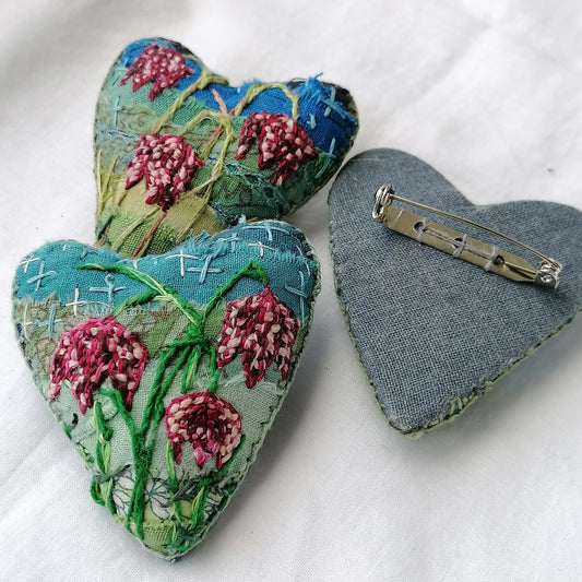 Stitched SNAKE'S HEAD FRITILLARY Heart Brooches
