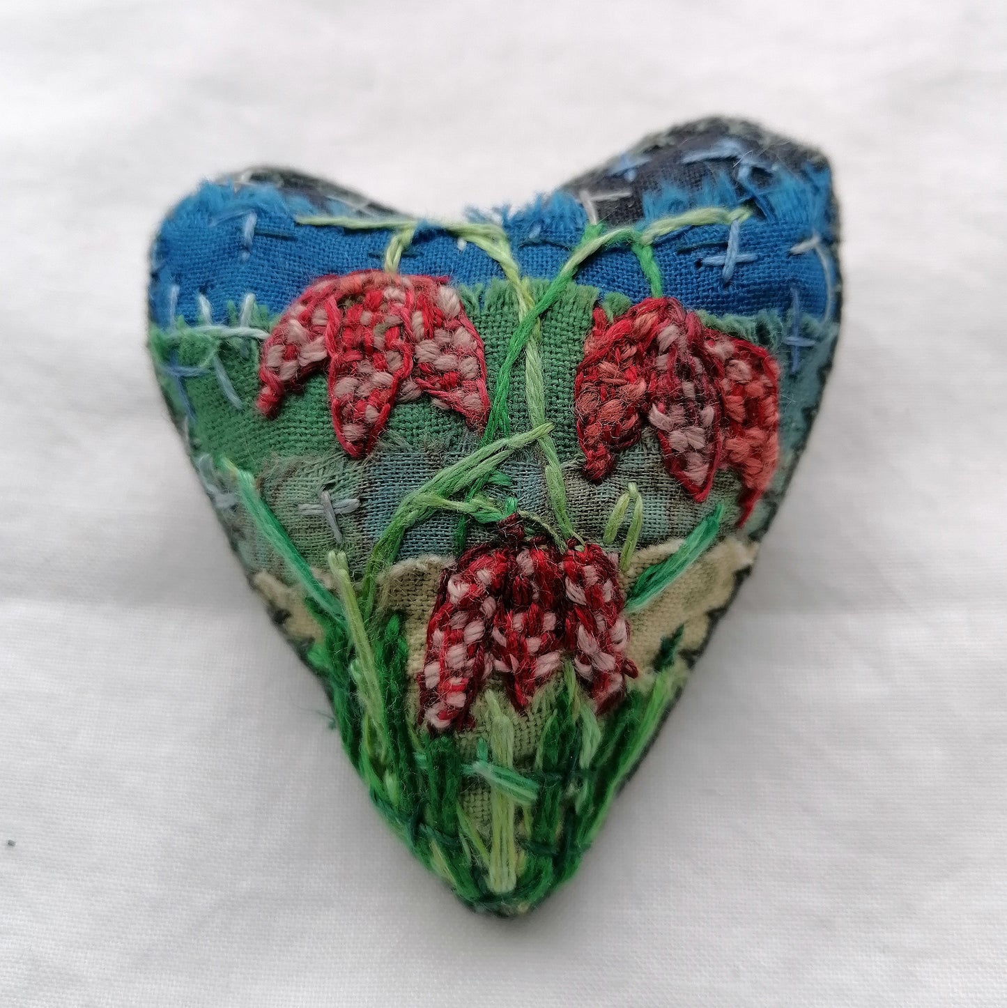 Stitched SNAKE'S HEAD FRITILLARY Heart Brooches