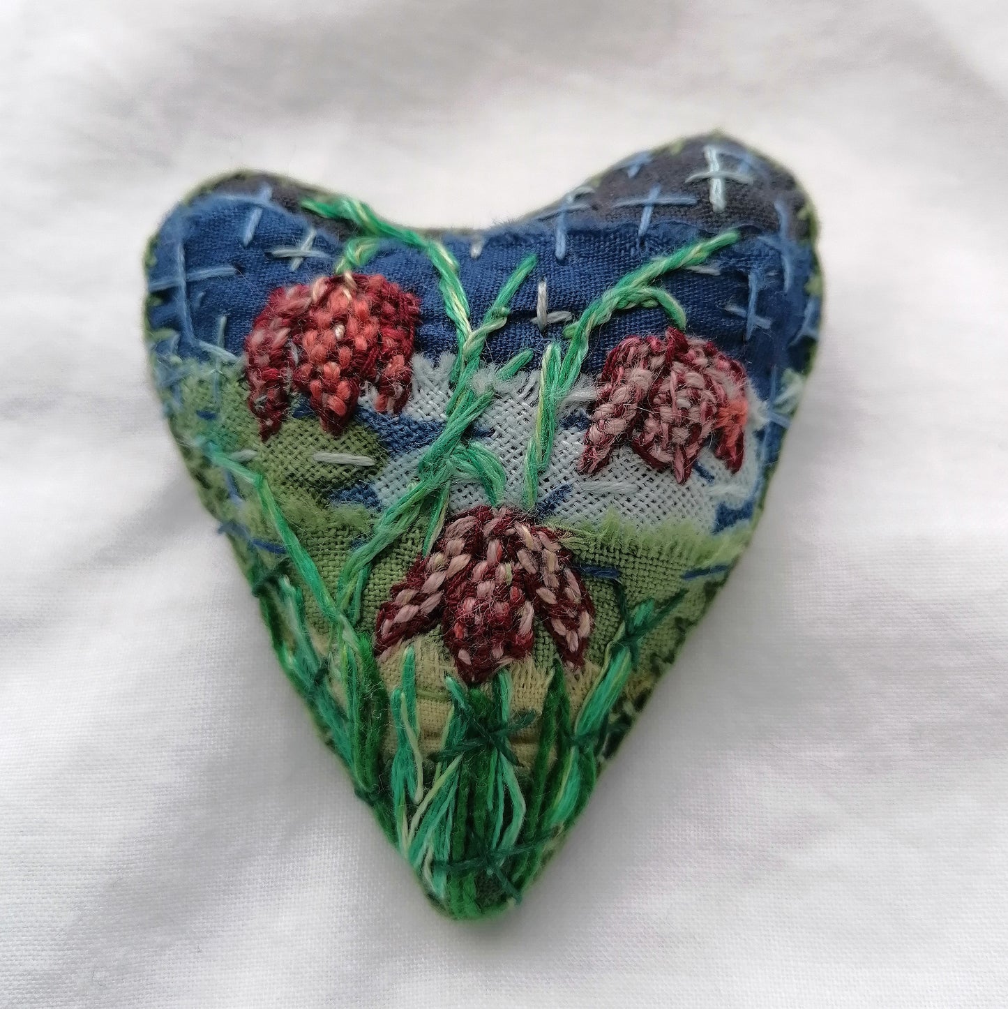 Stitched SNAKE'S HEAD FRITILLARY Heart Brooches