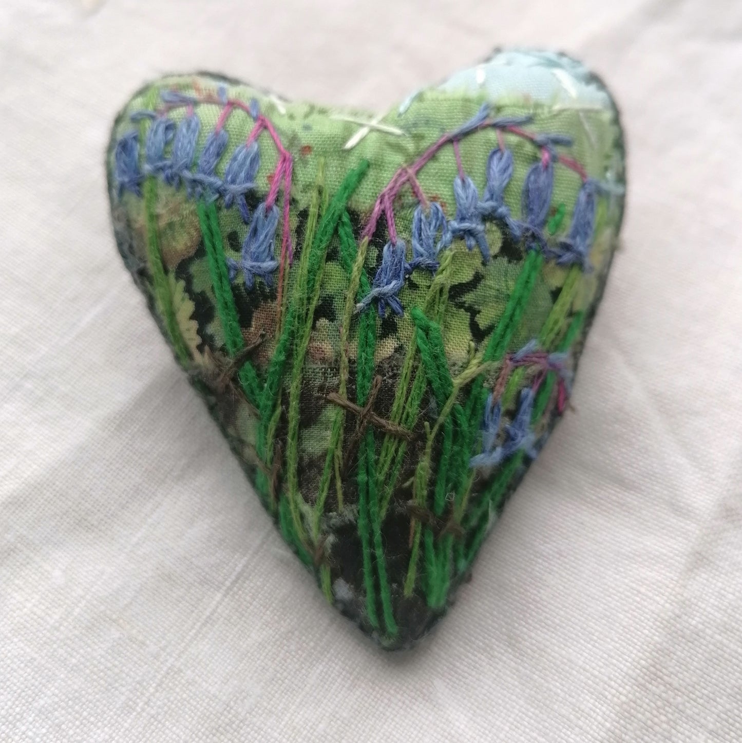 Stitched BLUEBELL Heart Brooches