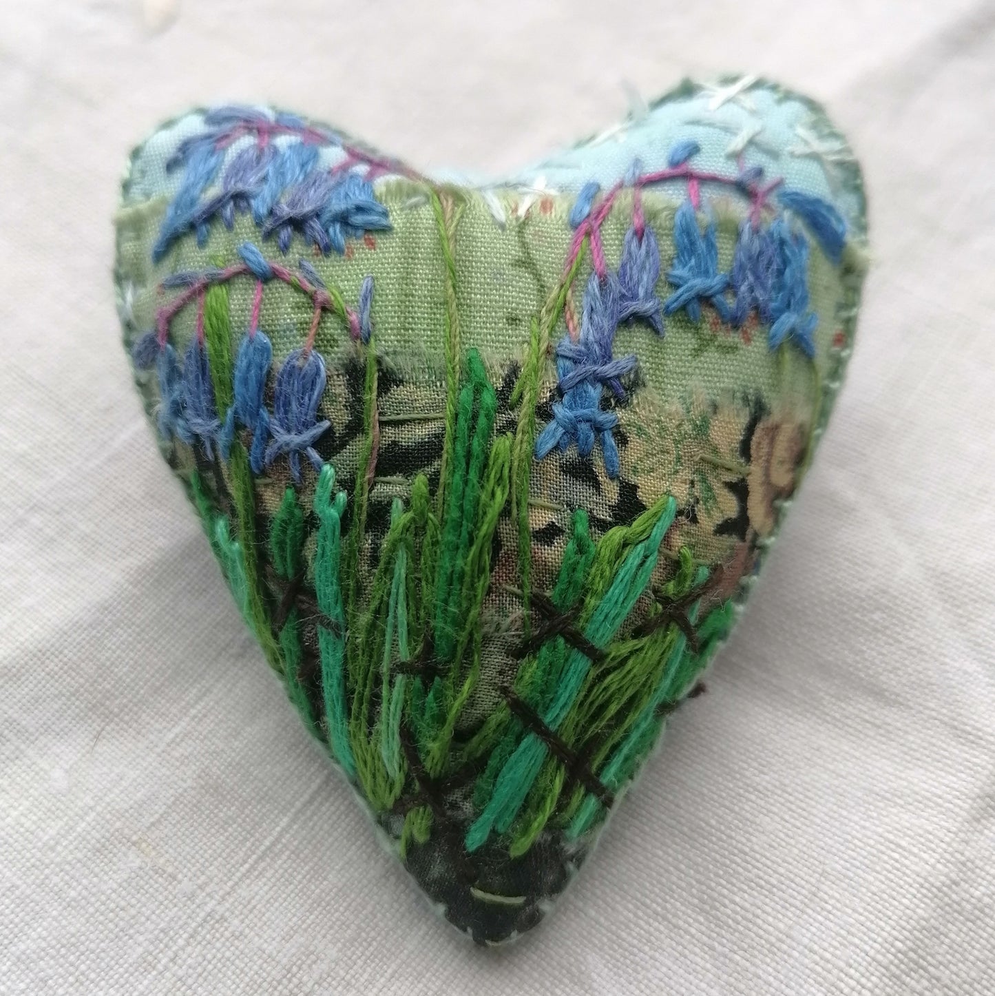 Stitched BLUEBELL Heart Brooches