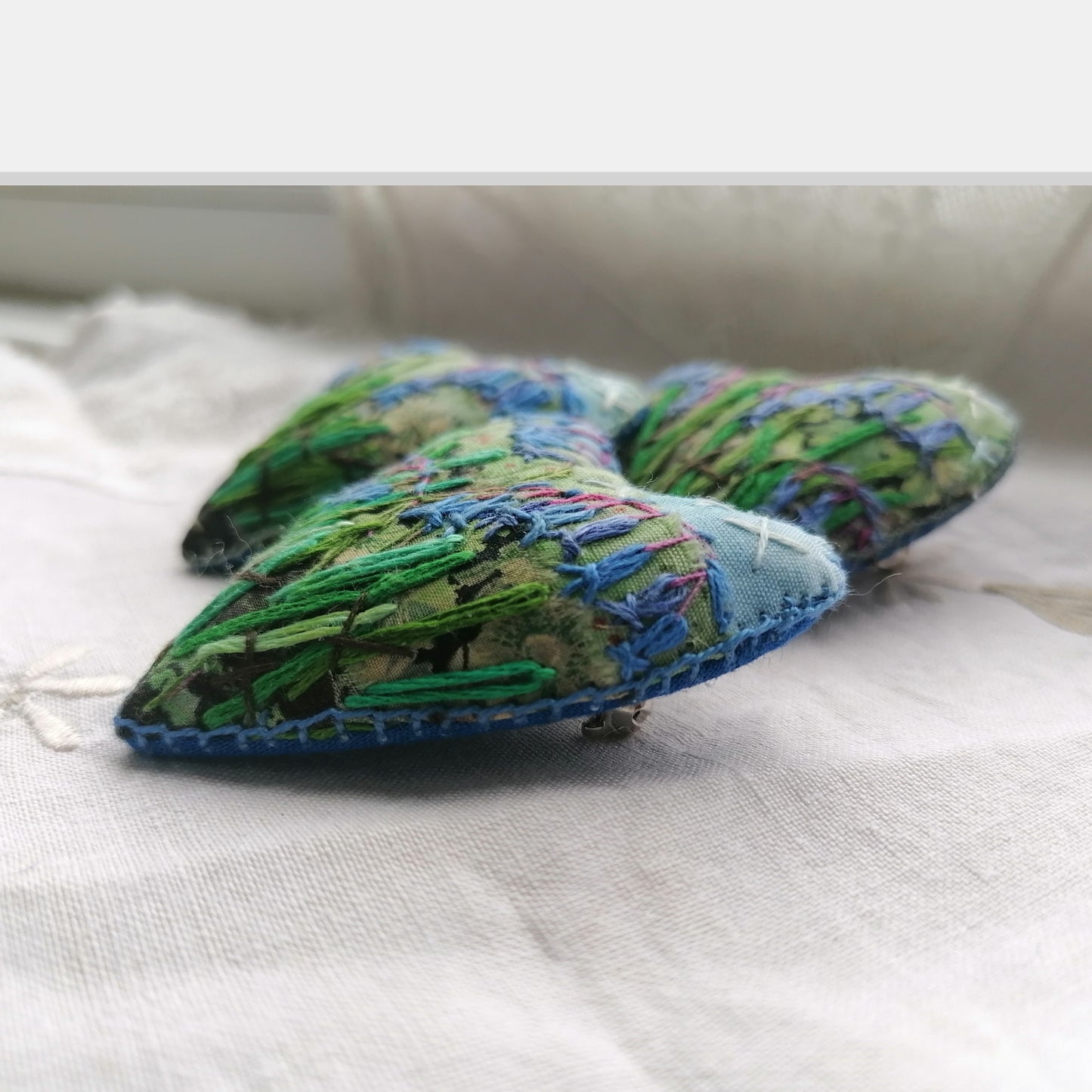 Stitched BLUEBELL Heart Brooches