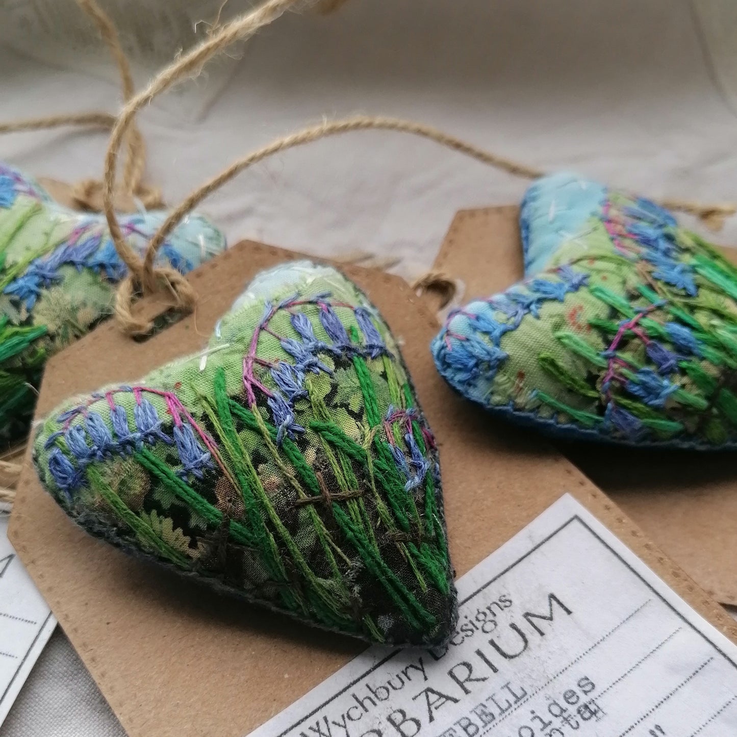 Stitched BLUEBELL Heart Brooches